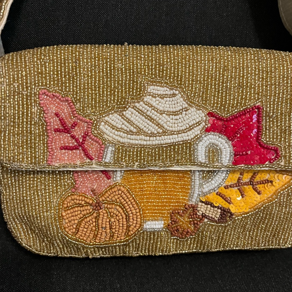 Gold Beaded Autumn Shoulder Bag with Seasonal Embroidery
